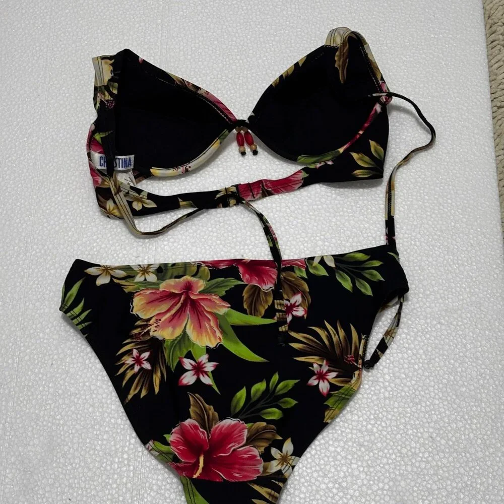 STRING BIKINI Sz Medium Black Tropical  Sparkly Bead Details - Picture 3 of 5